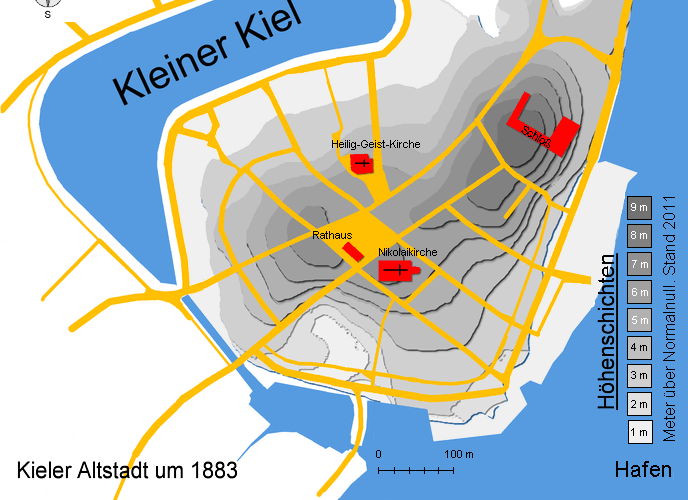 Kieler Altstadt um 1883 mit Hhenlinien